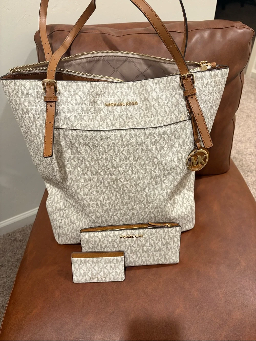 Michael Kors Voyager Logo Tote with Brown Trim and Gold Hardware with Wallet.